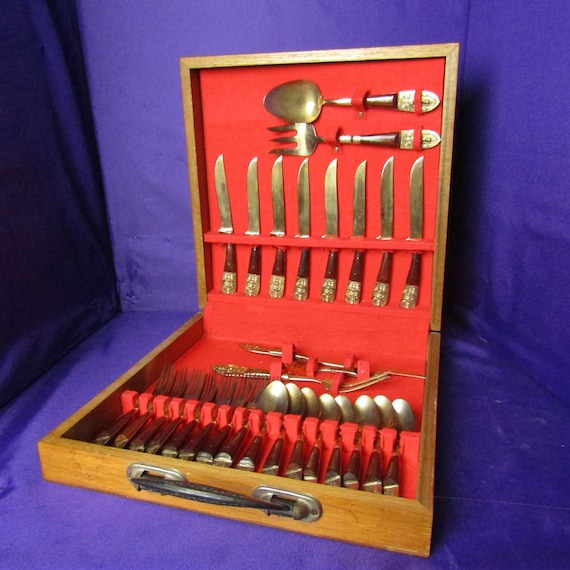 Antique Thai Brass Flatware Set (29 Pc)