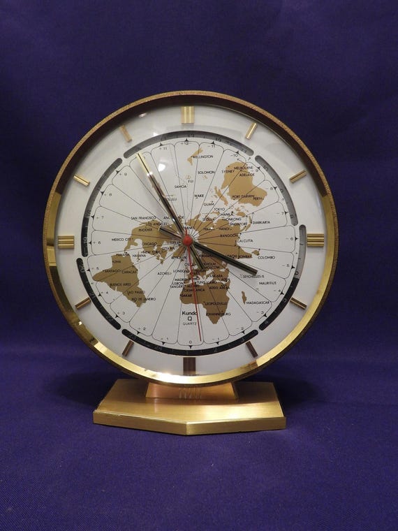 Kundo World Time Clock | Global Map Dial Timepiece | Vintage Brass Executive Office Decor