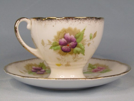 Charmaine by Royal Standard, Footed Cup & Saucer Set, Fine English Bone China 1950's, Hand Painted, Gold Gilding
