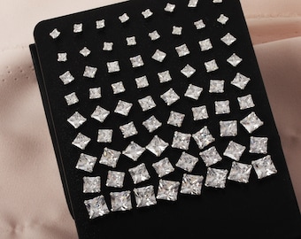 Tiny Cz Standart Earrings, Square and Round 925 Sterling Silver Studs earrings, 3mm/4mm/5mm/6mm/7mm Zirconia Studs (Pair), Silver Studs
