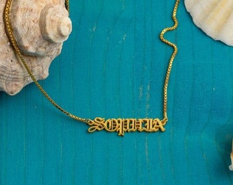 14K Solid Gold English Name Necklace - Gold Name Necklace - Old English Necklace - Personalized Name Necklace