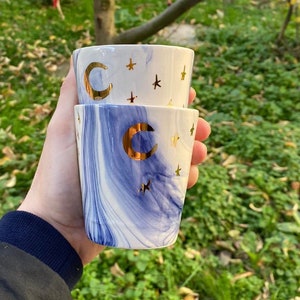 Taza de cerámica / Taza de mármol de 24K / azul / Azulejos y cerámica Iznik hechos a mano / Juego de tazas de porcelana para beber, decoración de cocina. Se vende como 2 piezas.