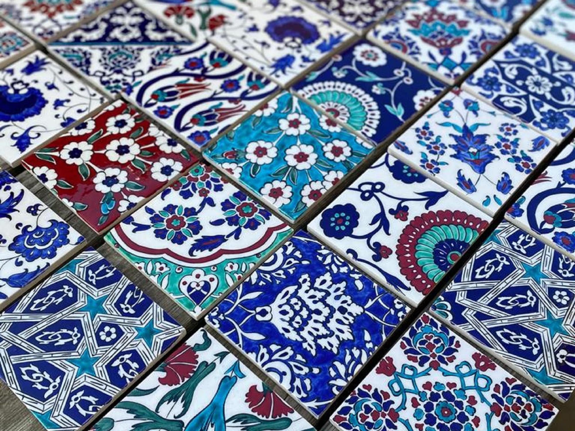 İznik Tile Set (10 Pcs): Hand-painted Floral Ceramic Coasters, 10x10cm ...