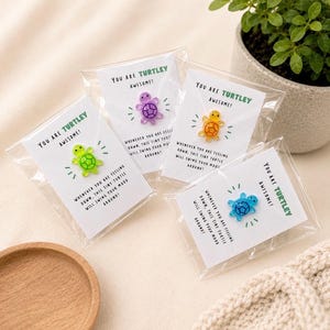 May include: Four small, translucent plastic turtle figurines in purple, green, yellow, and blue, each attached to a white card inside a clear plastic sleeve. The cards feature the text "YOU ARE TURTLEY AWESOME!" and a motivational message.