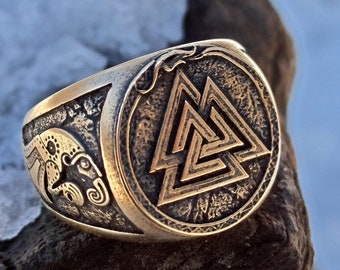 Valknut raven signet ring Viking Norse jewelry men 