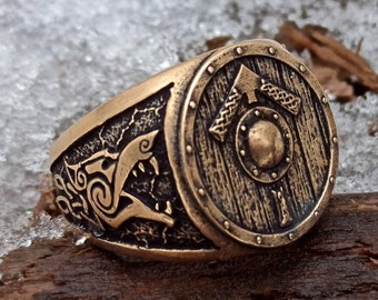 Anillo de escudo vikingo con sello nórdico, runa Tiwaz, joyería pagana nórdica