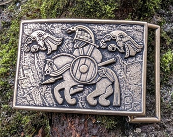 Viking bronze belt buckle for men Odin with ravens norse pagan