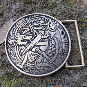 Custom mens Belt Buckle Viking Norse Mythology Bronze art Sigurd and Fafnir
