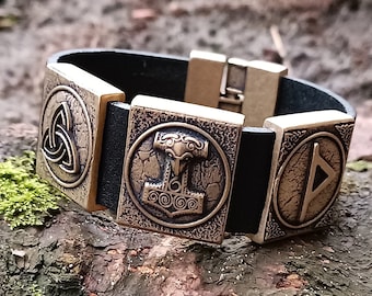 Thor Hammer leather cuff bracelet Mjolnir mens bracelet Viking jewelry