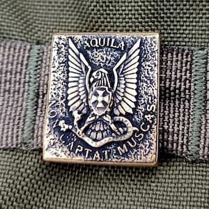 May include: A square, bronze-coloured metal patch with an eagle design. The eagle is holding a cross in its talons and is surrounded by the text "AQUILA NON CAPIT AT MUSCAS".