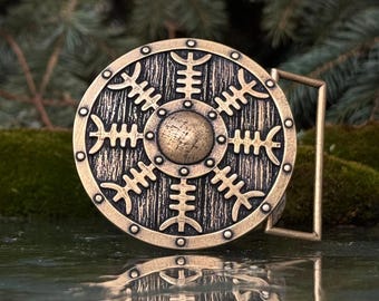 Viking shield mens belt buckle Helm of Awe Norse pagan Viking gifts for men