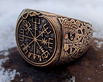 Vegvisir compass ring Viking jewelry Signet rings for men Norse Pagan ring