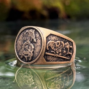 May include: A bronze-toned metal ring featuring a circular face with an embossed stylised animal figure. The side of the band displays a detailed relief of a figure holding a spear and a round shield, with a textured, darkened background finish.
