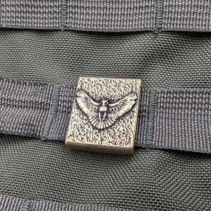 Pu&ograve; includere: Una fibbia in ottone con un design a forma di gufo in rilievo. La fibbia &egrave; attaccata a un cinturino in nylon verde.