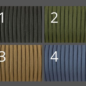 May include: Four different colors of paracord, numbered 1 through 4. The colors are black, green, tan, and blue.