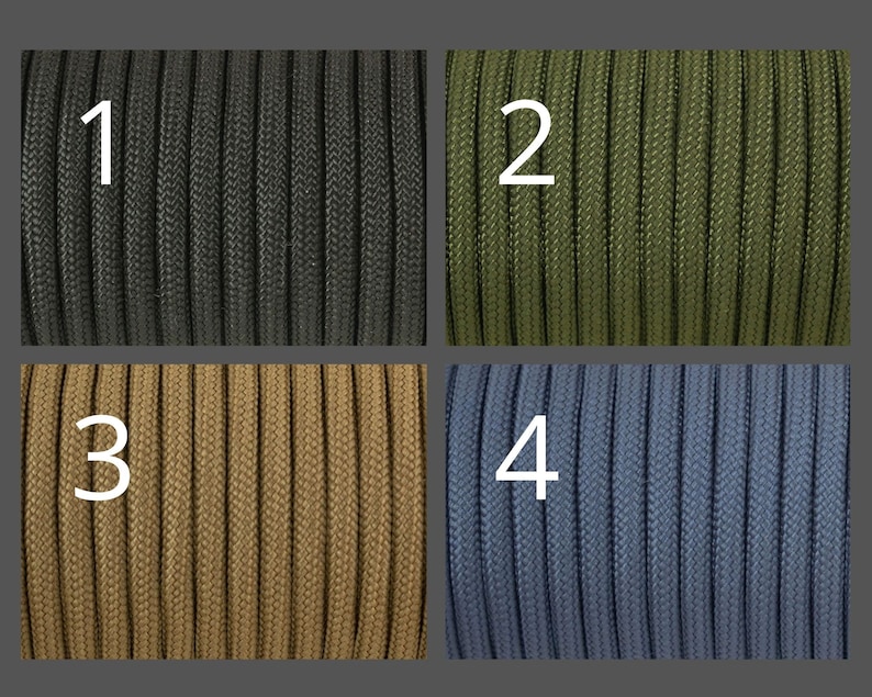 May include: Four different colors of paracord, numbered 1 through 4. The colors are black, green, tan, and blue.