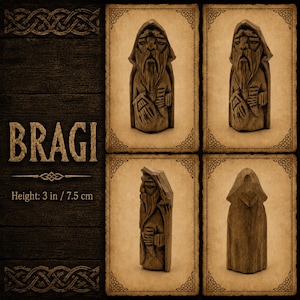May include: A brown wooden figurine of Bragi, featuring a bearded figure in a hooded cloak, shown from four angles. The text Bragi and Height: 3 in / 7.5 cm are visible. The carving displays detailed facial features and a textured robe surface.
