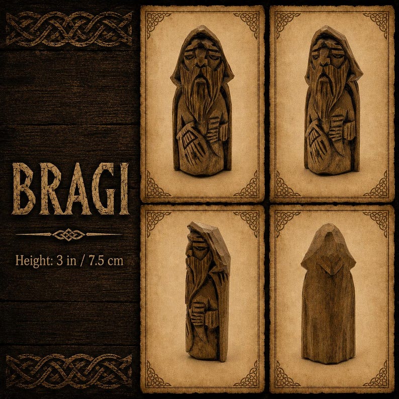 May include: A brown wooden figurine of Bragi, featuring a bearded figure in a hooded cloak, shown from four angles. The text Bragi and Height: 3 in / 7.5 cm are visible. The carving displays detailed facial features and a textured robe surface.