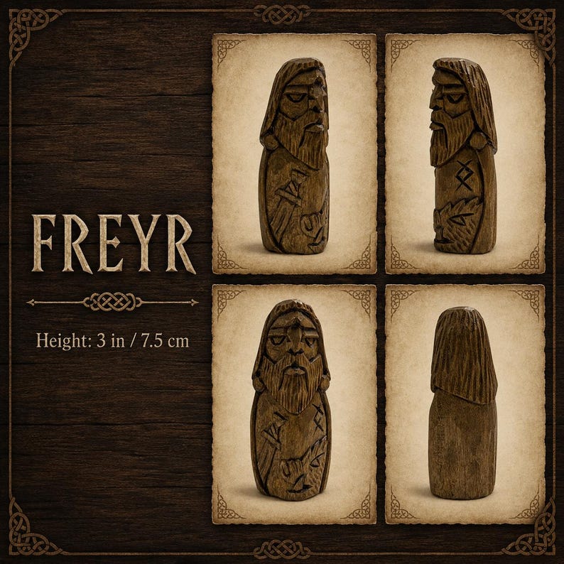 May include: A brown wooden figurine of Freyr, 3 inches tall, shown from four angles. The carving features a bearded figure with long hair, wearing a tunic with etched symbols. The text FREYR and Height: 3 in / 7.5 cm are visible on the dark background.