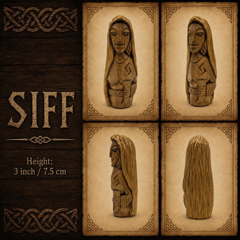 May include: A hand-carved wooden figurine of Siff, standing 3 inches tall. The figure features long hair, a carved chest symbol, and detailed facial features. The set displays the figurine from the front, side, and back angles on parchment.