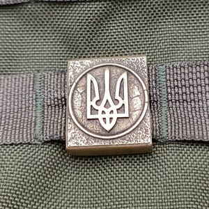 May include: A close-up of a metal badge with a gold finish. The badge features a stylized trident, the national symbol of Ukraine, in a circular design.