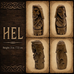 May include: A brown wooden figurine of the figure Hel, shown from four angles. The carving features a hooded cloak, a skeletal face, and the rune H on the chest. The text HEL and Height: 3 in are visible. The figurine has a textured, carved finish.
