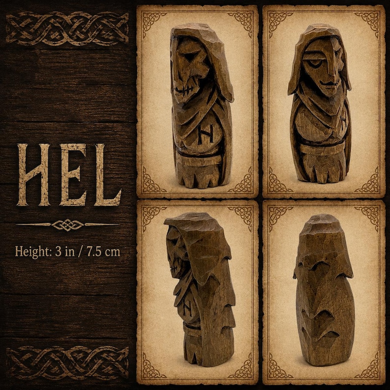 May include: A brown wooden figurine of the figure Hel, shown from four angles. The carving features a hooded cloak, a skeletal face, and the rune H on the chest. The text HEL and Height: 3 in are visible. The figurine has a textured, carved finish.