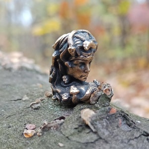 Puede incluir: Una peque&ntilde;a figura de bronce de una mujer con serpientes en el pelo. La figura est&aacute; sentada en una rama de &aacute;rbol.