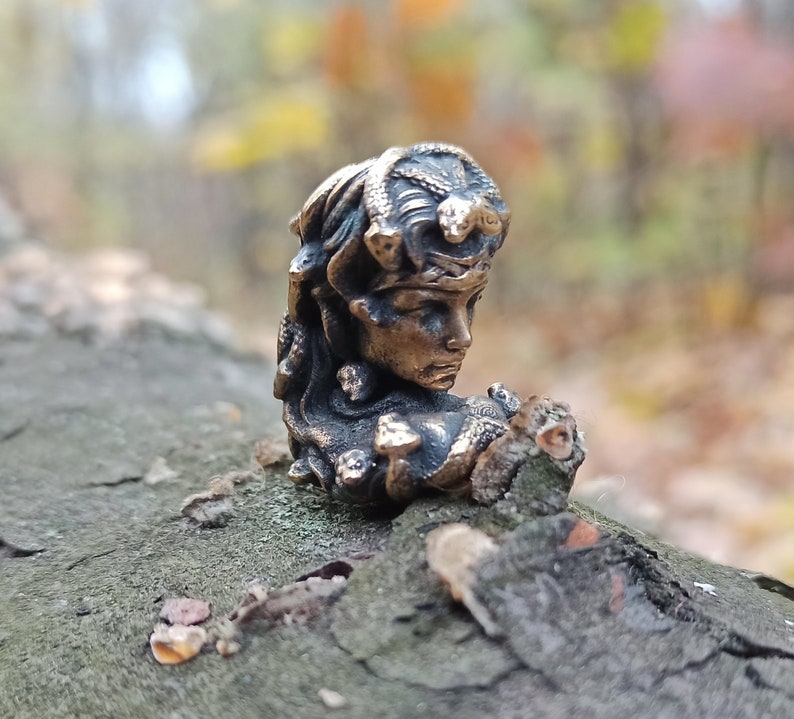 Puede incluir: Una peque&ntilde;a figura de bronce de una mujer con serpientes en el pelo. La figura est&aacute; sentada en una rama de &aacute;rbol.