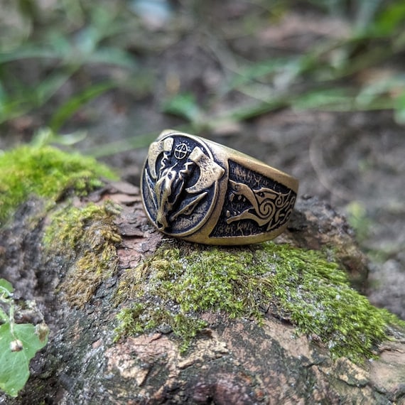 Viking signet wolf skull ring norse warrior jewelry men