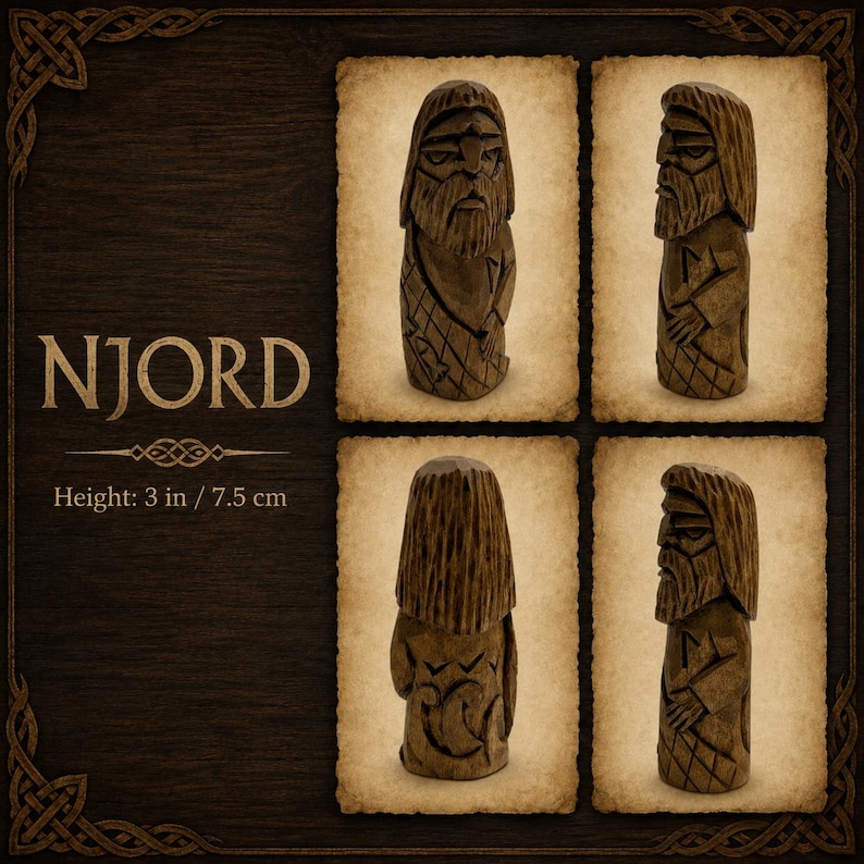 May include: A dark brown wooden figurine of a bearded figure labeled NJORD, shown from four angles. The carving features textured hair, a patterned tunic, and a height of 3 inches. The figure is displayed on four parchment-style panels.