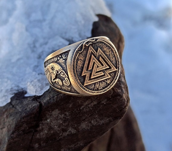 Valknut Norse raven bronze ring Viking jewelry 