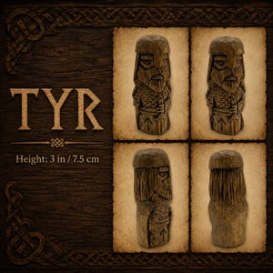May include: A brown wooden figurine of the Norse god Tyr, featuring a bearded face, helmet, and chainmail armor with a visible rune. The figure stands 3 inches tall and is displayed from four different angles against a dark wood background.