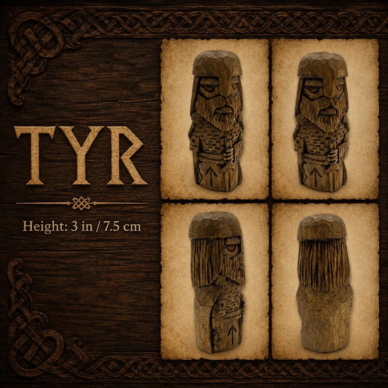 May include: A brown wooden figurine of the Norse god Tyr, featuring a bearded face, helmet, and chainmail armor with a visible rune. The figure stands 3 inches tall and is displayed from four different angles against a dark wood background.