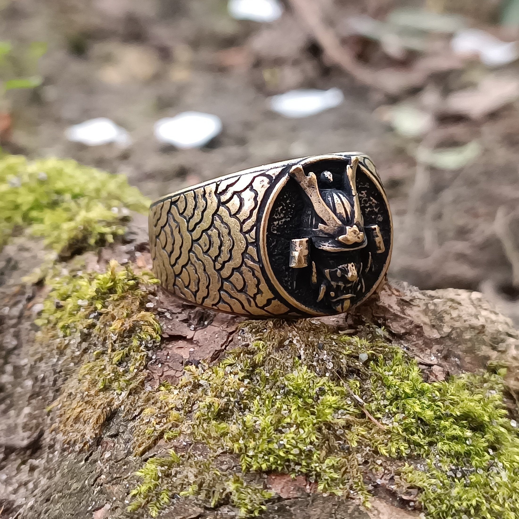 Samurai Helmet Mask Signet Ring Japanese Mythology Jewelry Men