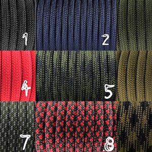 May include: Nine different colors and patterns of paracord, a type of strong nylon cord often used for crafting and survival.