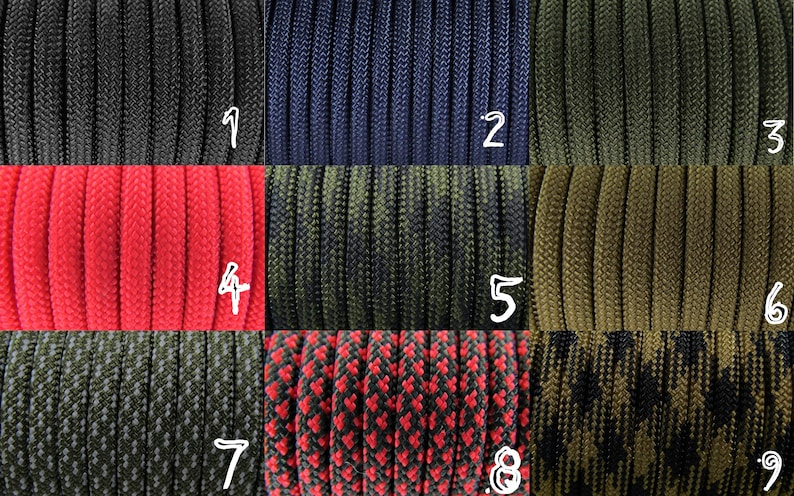 May include: Nine different colors and patterns of paracord, a type of strong nylon cord often used for crafting and survival.