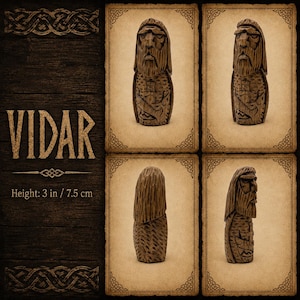 May include: A brown wooden figurine of a bearded figure named VIDAR, shown from four different angles. The carving features detailed facial hair and textured clothing patterns. The figurine stands 3 inches tall, as indicated by the text on the left.