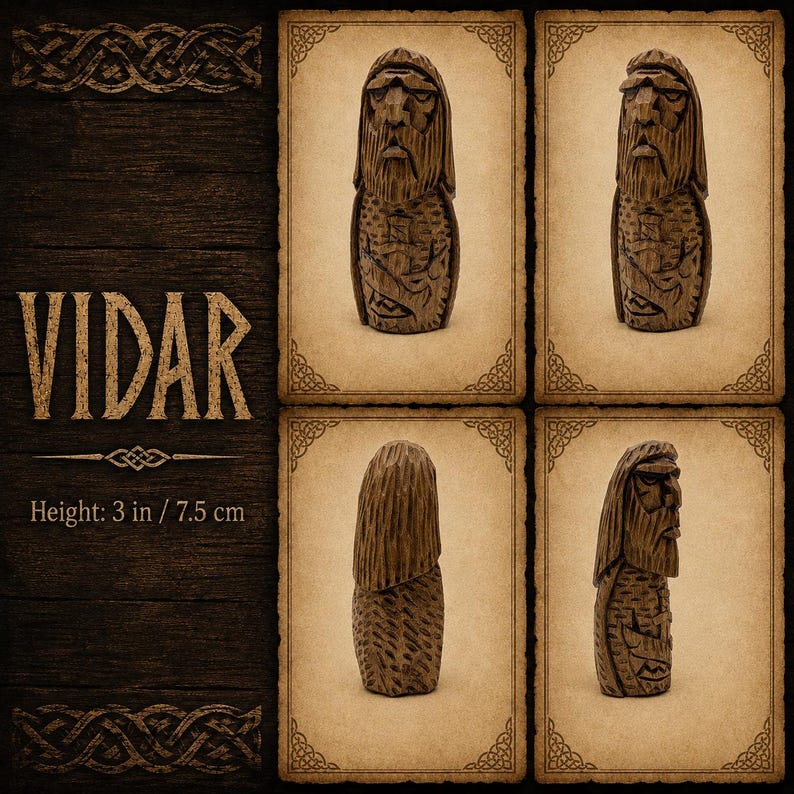 May include: A brown wooden figurine of a bearded figure named VIDAR, shown from four different angles. The carving features detailed facial hair and textured clothing patterns. The figurine stands 3 inches tall, as indicated by the text on the left.