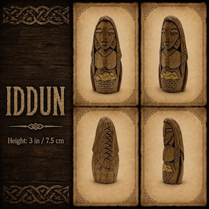 May include: A hand-carved wooden figurine of a figure holding a basket of apples, measuring 3 inches in height. The sculpture features detailed facial features and braided hair, presented in four distinct views on a textured background with the text IDDUN.