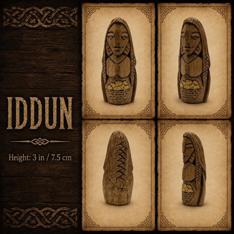 May include: A hand-carved wooden figurine of a figure holding a basket of apples, measuring 3 inches in height. The sculpture features detailed facial features and braided hair, presented in four distinct views on a textured background with the text IDDUN.
