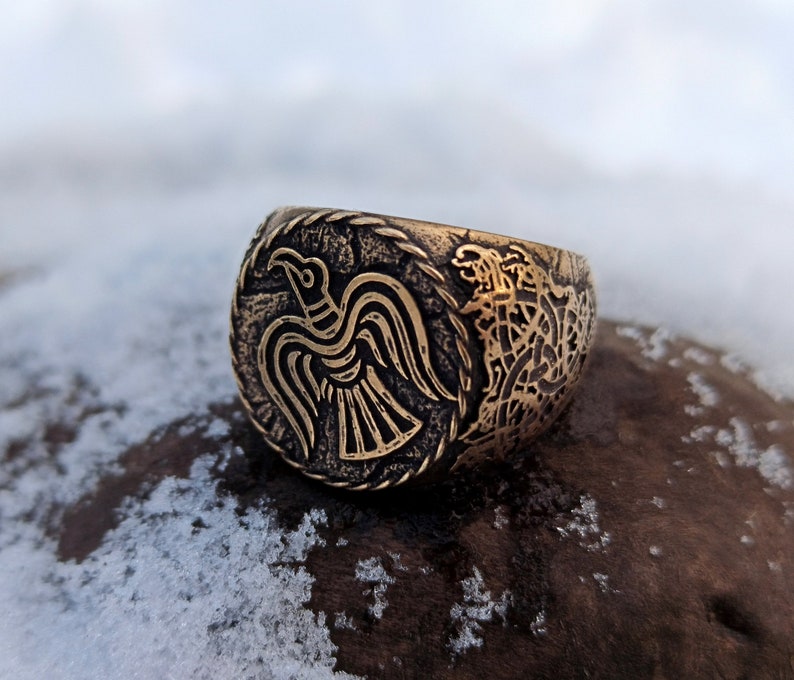 Large Sterling Silver Norse Raven Signet Ring - Viking Design In Sizes 5-15