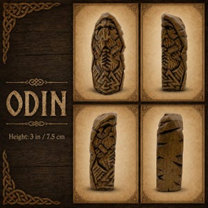 May include: A brown wooden carving of Odin featuring a bearded face, a hooded cloak, and intricate knotwork patterns. The figure stands 3 inches tall and is displayed from four different angles, showing the front, side, and back of the sculpture.