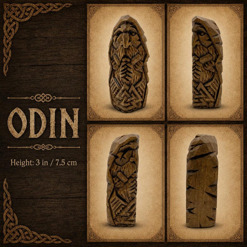 May include: A brown wooden carving of Odin featuring a bearded face, a hooded cloak, and intricate knotwork patterns. The figure stands 3 inches tall and is displayed from four different angles, showing the front, side, and back of the sculpture.
