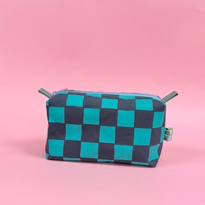 Versatile Boxy Pouch for Travel & Accessories | Turquoise and Dark Grey Checkered Print Travel Bag | Toiletry Boxy Pouch | Checkered Print