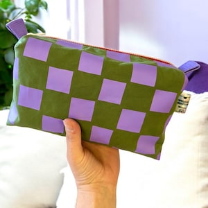 Versatile Boxy Pouch for Travel & Accessories | Purple and Green Checkered Print Travel Bag | Toiletry Boxy Pouch | Checkered Print Bag