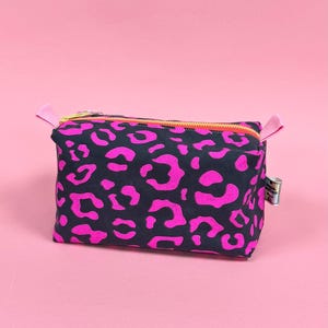 Versatile Boxy Pouch for Travel & Accessories | Pink and Dark Grey Leopard Print Travel Bag | Toiletry Boxy Pouch