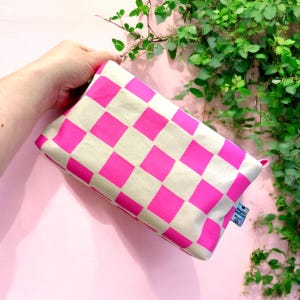 Versatile Boxy Pouch for Travel & Accessories | Pink and Natural Checkered Print Travel Bag | Toiletry Boxy Pouch | Checkered Print