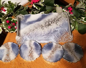Grey, white and Silver Flakes Decorative Rectangular Reisn Tray with handle