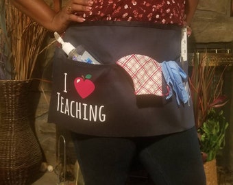 Customized Teacher Waist Apron with pockets.  I Love Teaching